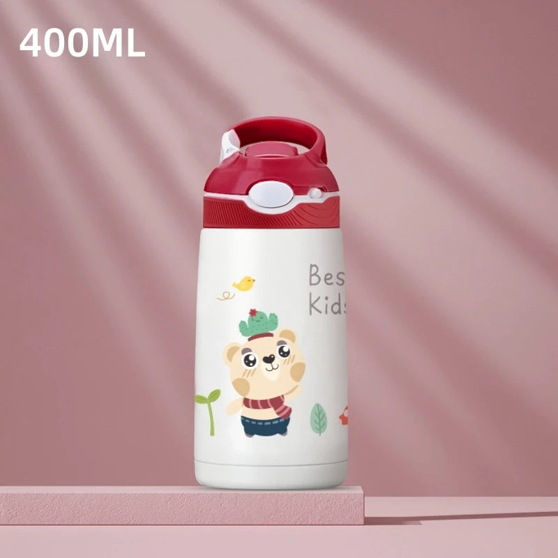 400ML  Kids Water Bottle Cartoon Animal Thermos Mug Baby Duck Billed Straw 316 Stainless Steel Vacuum Flasks Thermos Bottle