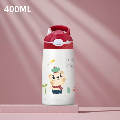 400ML  Kids Water Bottle Cartoon Animal Thermos Mug Baby Duck Billed Straw 316 Stainless Steel Vacuum Flasks Thermos Bottle