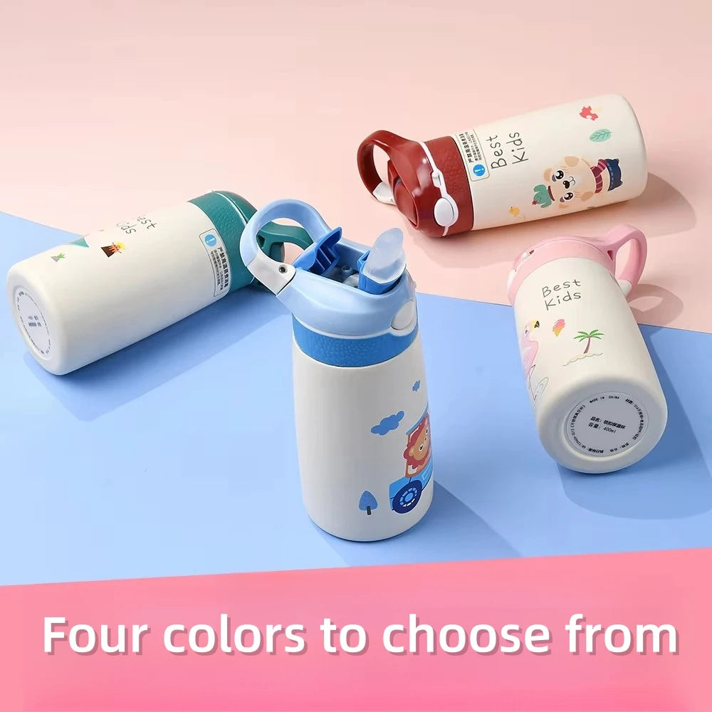 400ML  Kids Water Bottle Cartoon Animal Thermos Mug Baby Duck Billed Straw 316 Stainless Steel Vacuum Flasks Thermos Bottle